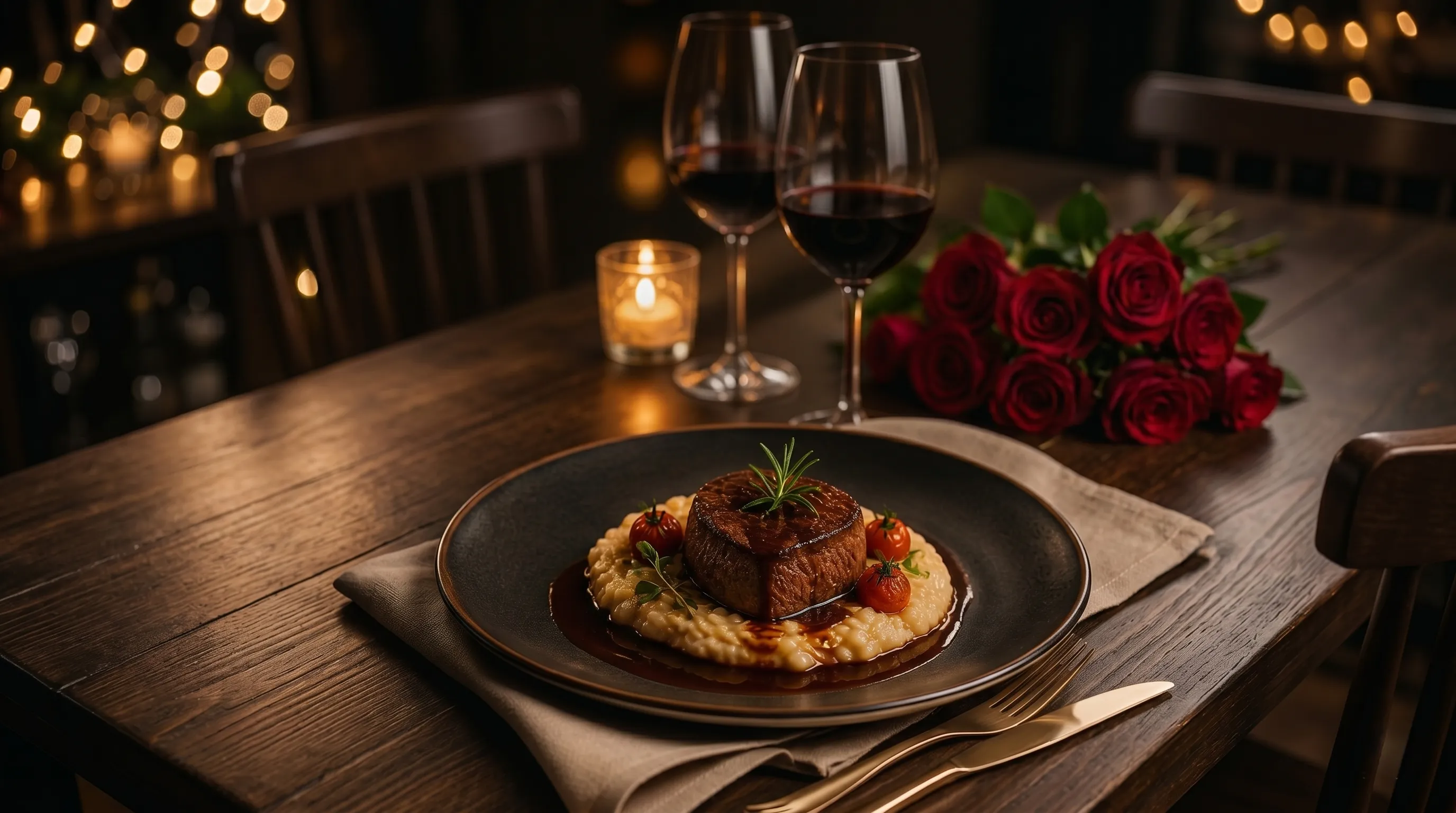 Mesa de Jantar romântica com taças de vinho